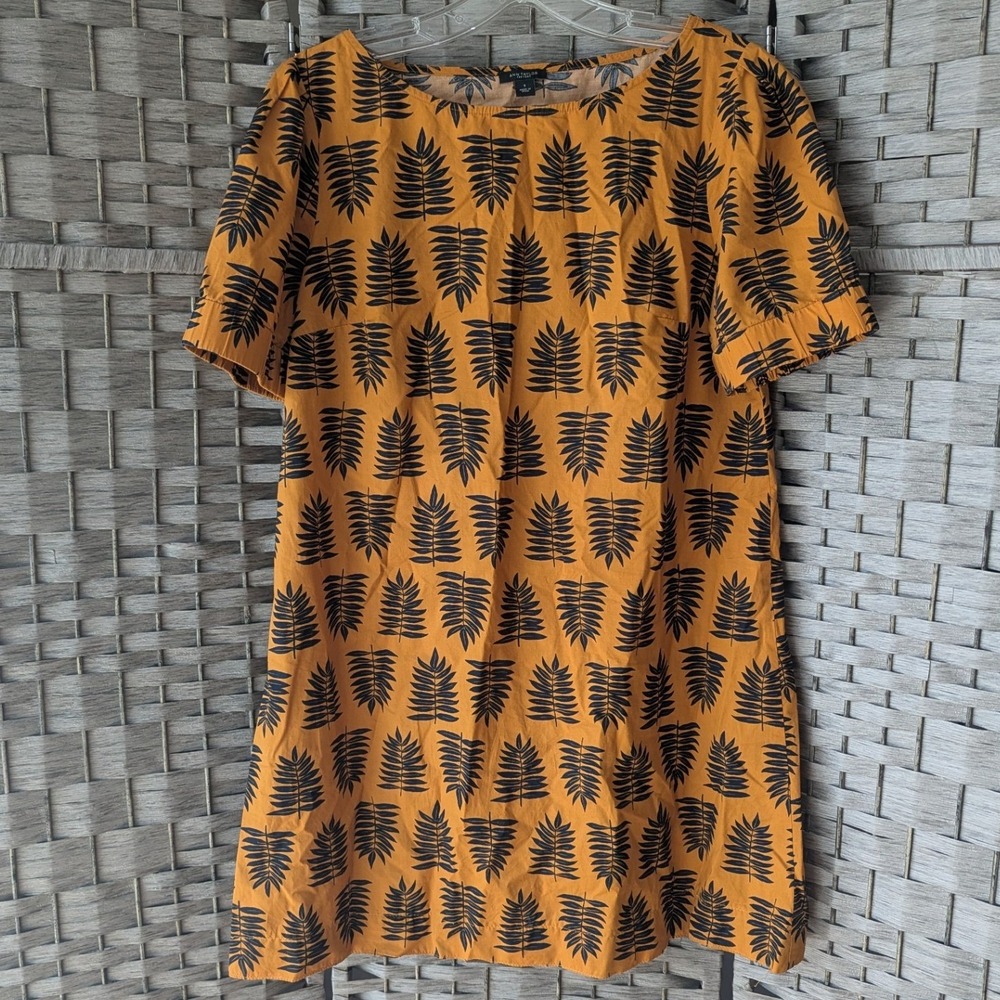 Ann Taylor Factory Shift Dress Mustard Yellow Black‎ Leaf Print Casual Mod Sz S